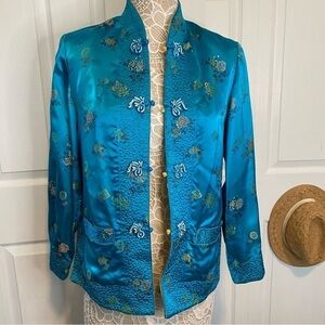 SOLZ SQUIRREL Chinese Reversible Vintage Quilted Floral Jacket Tesl Blue Gold M